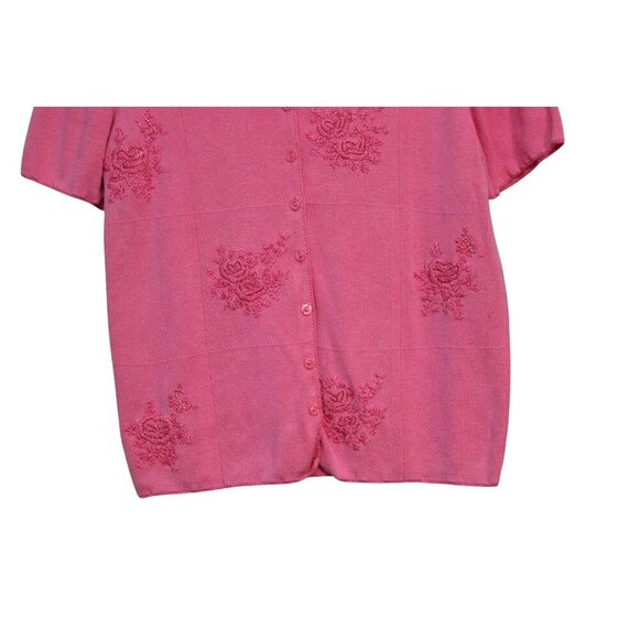 Vintage 90s Knit Cardigan Sweater Medium Pink Floral Embroidered Feminine Ramie - Picture 3 of 8